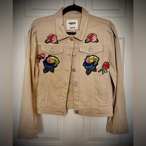 Kenzie Tan Embroidered Patches Floral Jean Jacket